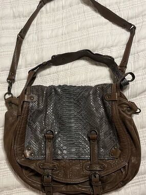 Textured Brown Leather Crossbody Bag with Snake-Embossed Flap